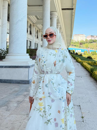 Omuzları Fiyonk Detaylı Bahar Desenli Kıloş Elbise Taş Rengi