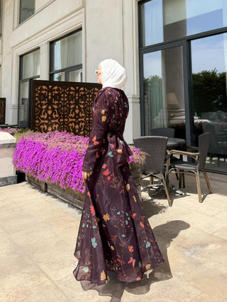Omuzları Fiyonk Detaylı Bahar Desenli Kıloş Elbise Burgonya