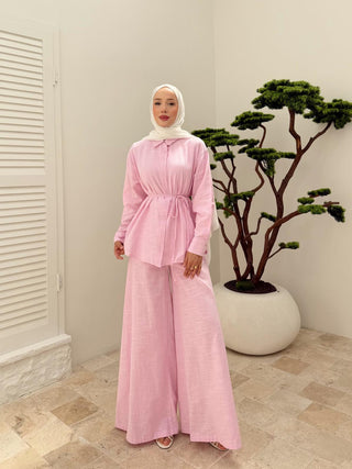 Keten Pantolon Gömlek Takım Pembe