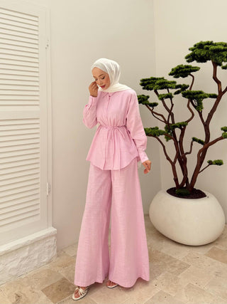 Keten Pantolon Gömlek Takım Pembe