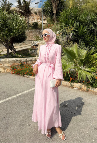 Taş İşlemeli Kuşaklı Elbise Pembe