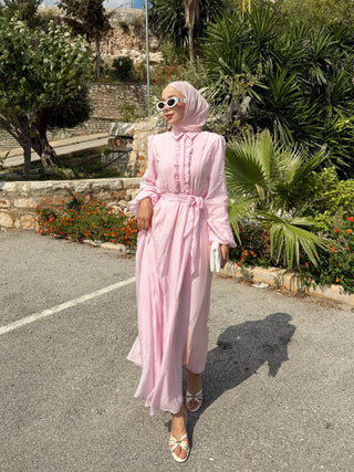 Taş İşlemeli Kuşaklı Elbise Pembe