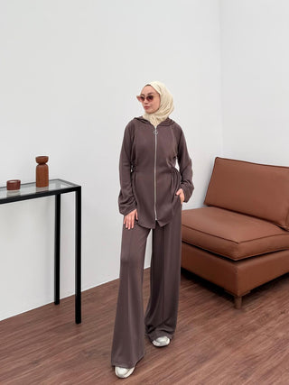 Beli Lastikli Fermuarlı Kapüşonlu Pantolonlu İkili Takım Vizon