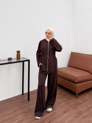 Beli Lastikli Fermuarlı Kapüşonlu Pantolonlu İkili Takım Kahverengi