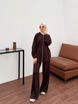 Beli Lastikli Fermuarlı Kapüşonlu Pantolonlu İkili Takım Kahverengi