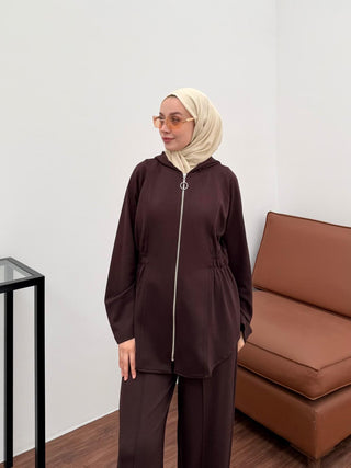 Beli Lastikli Fermuarlı Kapüşonlu Pantolonlu İkili Takım Kahverengi